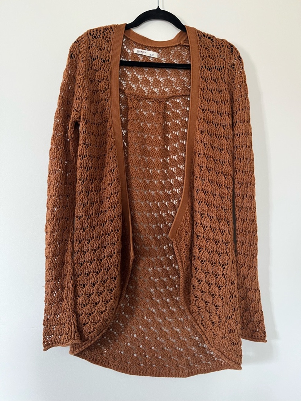 Y2K Old Navy Crochet Knit Boho Cardigan Small Brown Open Knit Indie Cottagecore